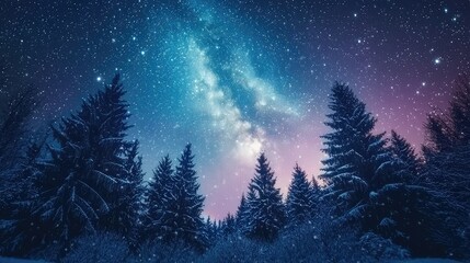 Naklejka premium Stunning Night Sky Over Snow-Covered Forest with Starry Milky Way