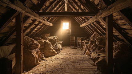 Dusty, cluttered attic with sunbeam from window.
