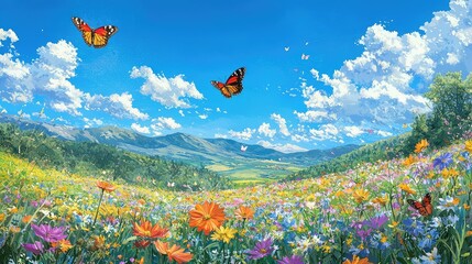 Vibrant Wildflower Meadow with Butterflies Under Clear Blue Sky