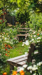 Obraz premium Serene Garden Pathway with Colorful Flowers and Wooden Benches