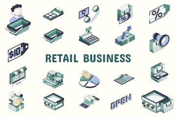 Retail Business Lineal Color Vector Illustration Icon Sticker Set Design Materials