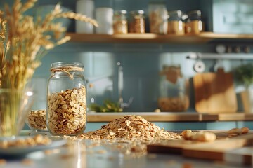 Milkshake with oat flakes in a glass on the table