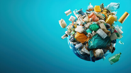 surreal depiction of Earth covered in plastic waste, highlighting pollution