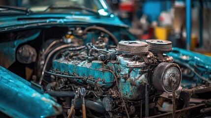 Fototapeta premium Classic Car Engine Close-Up in Vintage Garage Workshop Atmosphere