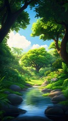 Lush green forest with a tranquil stream flowing through it, sunlight filtering through the leaves.