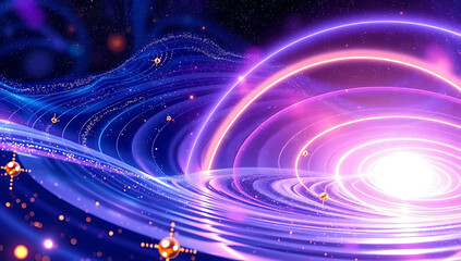 Obraz premium A quantum landscape where subatomic particles flow like liquid light, creating ripples in spacetime, with vibrant hues of blue, purple, and gold, symbolizing the interaction of energy and matter.