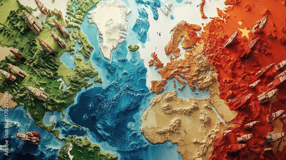 Poster detailed world map with geographic features and 3d elements
