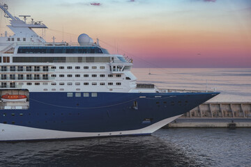Modern cruiseship cruise ship liner Explorer 2 docked at pier in Malaga, Spain during Mediterranean...