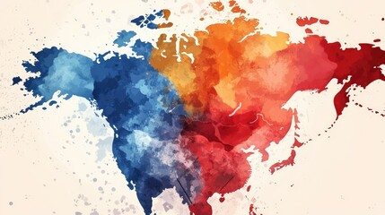 Artistic Watercolor Map of Asia in Vibrant Red, Blue, and Orange Tones