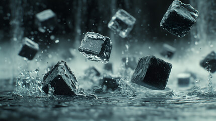 Ice cubes in motion with water droplets against a black background.