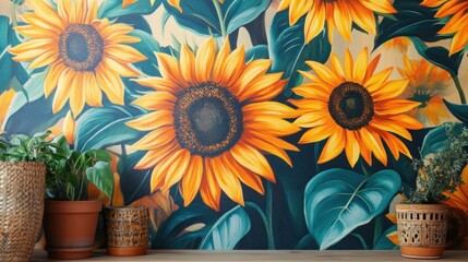 Obraz premium Vibrant sunflower mural with potted plants.
