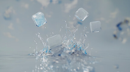 Ice cubes in motion with water droplets against a gray background.