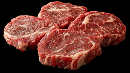 Four pieces of marbled raw beef steaks on a black background.