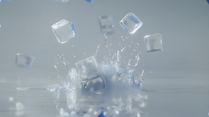 Ice cubes in motion with water droplets against a gray background.