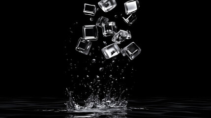 Ice cubes in motion with water droplets against a black background.