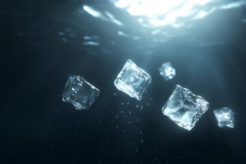 Ice cubes submerged in water with air bubbles rising against a black background.