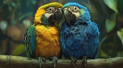 Obraz premium Two macaws, one blue and one yellow, nuzzle heads together on a branch.