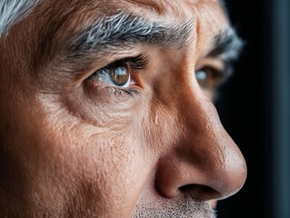 A close up of a man's face with grey hair and brown eyes