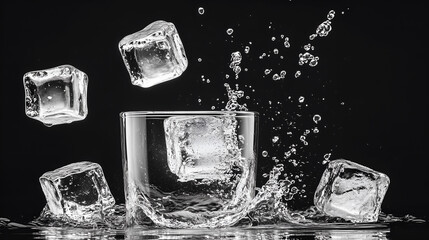 Ice cubes splashing into a glass of water.