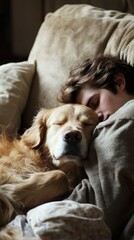 Obraz premium Young Person Relaxing with a Golden Retriever in a Cozy Setting