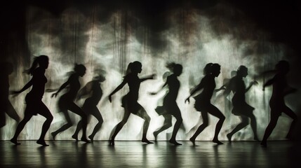 Fototapeta premium Ethereal Shadows of Dancers: Captivating Movement Illuminated on Theater Wall