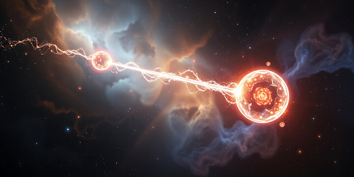 A surreal depiction of quantum entanglement, featuring two glowing particles connected by a shimmering thread of light, floating in a vast cosmic space filled with swirling nebulas and mathematical eq