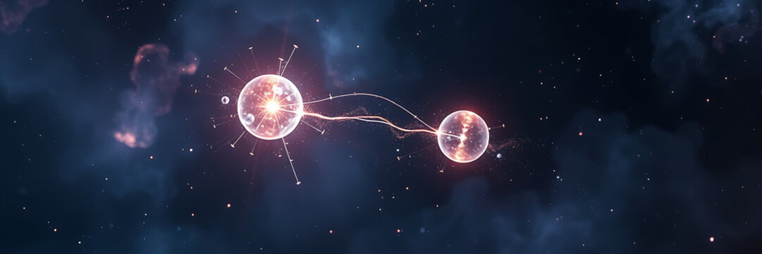 A surreal depiction of quantum entanglement, featuring two glowing particles connected by a shimmering thread of light, floating in a vast cosmic space filled with swirling nebulas and mathematical eq