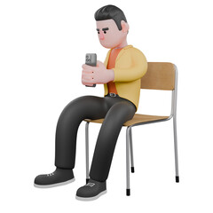 Designer Skills Set Characters 3D Model. A male designer sits holding a mobile phone in his left hand, expression of focus. Cartoon Style