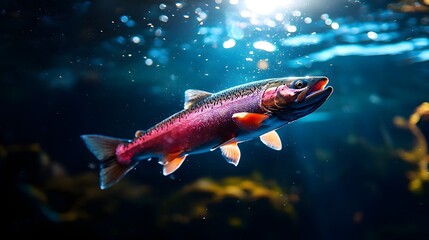 Solitary Salmon Swimming in Mysterious Underwater Spotlight