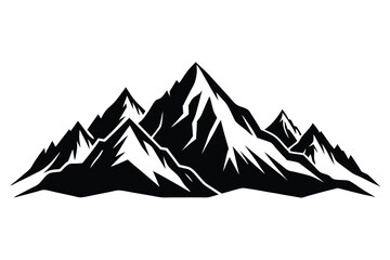 Detailed black and white vector illustration of mountain range silhouette with snowy peaks