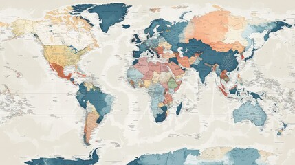 Detailed Vintage World Map with Soft Color Palette and Geographic Features