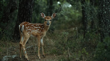 Fawn Standing in Forest with Greenery and Soft Light Background
