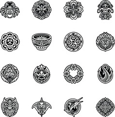 Set of Glyph Style Polynesian Culture Symbol Icons 

