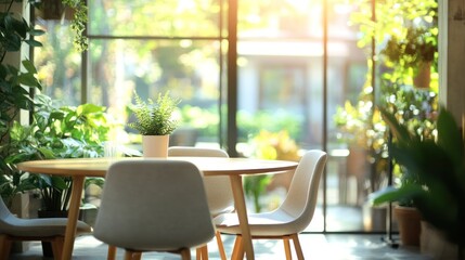 Fototapeta premium Sunlit Indoor Garden Cafe: Tranquil Dining Experience