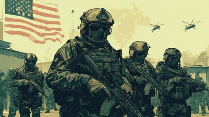 Fototapeta premium Military Personnel in Tactical Gear with American Flag Background