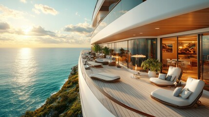 Fototapeta premium Luxury oceanfront condo balcony with sunset view, stylish furniture, and panoramic ocean vista.