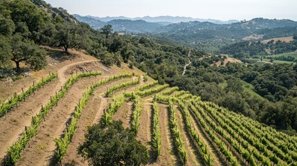 Lush Vineyard Landscape Overlooking Rolling Hills and Mountains