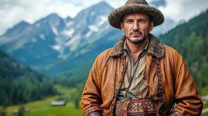 A Pole in traditional Highlander attire, wearing a handmade woolen hat and jacket