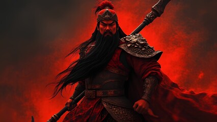 Imaginary Guan Yu behind the fire scene