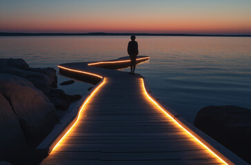 A long wooden pier lit up with LED lights leads into the ocean at sunset, with an island in view...