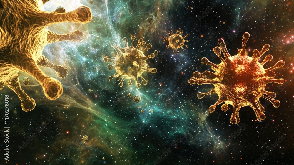 Poster colorful representation of viruses in outer space environment