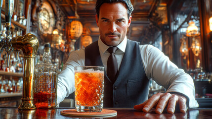 A bartender in a white shirt, dark vest and tie serves a cocktail