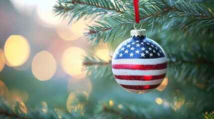 Close-up of a Christmas bauble featuring the USA flag, ideal for showcasing holiday decorations, American pride, Christmas cheer, and festive spirit during the holiday season.