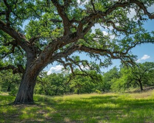Fototapeta premium Majestic oak tree in a sunny field. AI.
