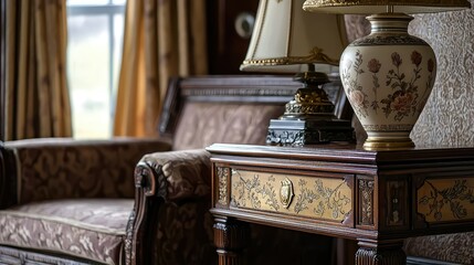 Elegant Vintage Furniture with Table Lamp and Decorative Vase