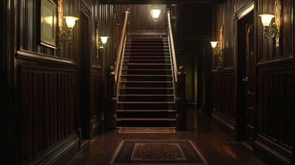 Elegant Staircase in a Vintage Dark Wood Hallway with Lighting