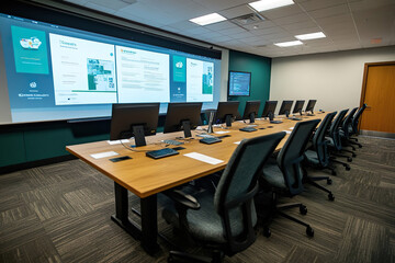 A conference room setup for ad campaign strategy planning with large screens, marketing research, and creative concept boards