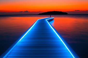 Fototapeta premium A long wooden pier lit up with LED lights leads into the ocean at sunset, with an island in view and calm waters