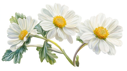 Fototapeta premium Three White Daisies Watercolor Painting Botanical Art