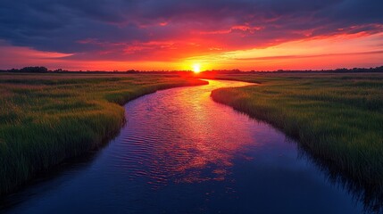 Naklejka premium Vibrant Sunset Over Serene River And Grasslands